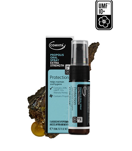 Comvita Propolis Oral Spray Extra Strength 20ml Spray Extra strength bee Propolis oral spray with certified bee Propolis extract and Manuka honey rated at UMF™10+. Propolis Oral Spray is the original combination of high quality Propolis, Manuka honey, and soothing oils all formulated to help maintain oral health and hygiene. Comvita Propolis contains a range of bioflavonoids. The bees create Propolis from natural resin produced by trees as part of their defence system.