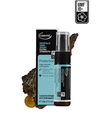 Comvita Propolis Oral Spray Extra Strength 20ml Spray Extra strength bee Propolis oral spray with certified bee Propolis extract and Manuka honey rated at UMF™10+.  Propolis Oral Spray is the original combination of high quality Propolis, Manuka honey, and soothing oils all formulated to help maintain oral health and hygiene. Comvita Propolis contains a range of bioflavonoids. The bees create Propolis from natural resin produced by trees as part of their defence system. 