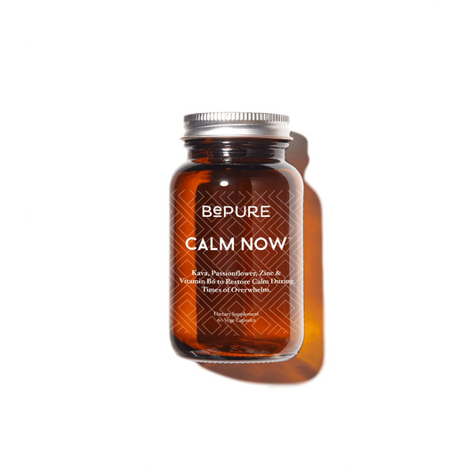 A jar of BePure Calm Now supplement capsules designed for managing daily worry and promoting relaxation.