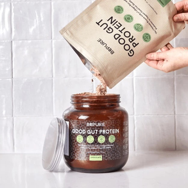 BePure Good Gut Protein Powder Chocolate 560g If bloating and discomfort are common for you, let us introduce you to the ultimate protein for good gut health. A collagen base supports gut health while BCAAs provide a complete protein profile; toned muscles; energy and exercise recovery. 