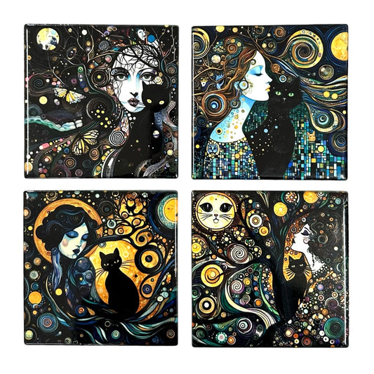 Ceramic Coaster Gothic Cat Lady (Set Of 4)