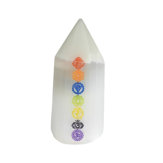 Selenite Chakra Coloured Tower 10cm