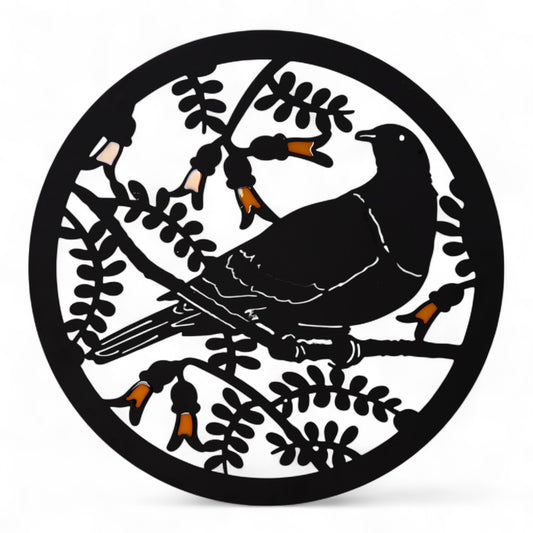 Wall Art - Round Steel - Kereru with Kowhai 50cm

H:50 cm - Kereru - Guardian of the Forest The kereru is a large native pigeon found only in New Zealand. Known for its glossy feathers and noisy flight, it helps regenerate forests by spreading native seeds - a true taonga of Aotearoa. Made from steel coated in a black paint finish. Suitable for indoor and outdoor use.

SKU: GKWA13