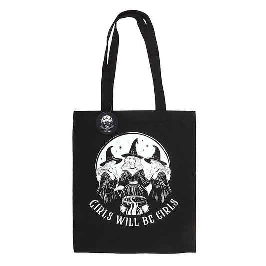 Girls Will Be Girls Witchy Polycotton Tote Bag&nbsp;
H:39.5 x W:34 x D:0.5 cm - Show off your witchy pride while on-the-go with this bold black tote bag featuring a trio of spell-casting witches and the phrase Girls Will Be Girls. Perfect for carrying books, groceries, or magical supplies with a touch of attitude and style. 98% polyester, 2% cotton.

SKU: SDCL44426