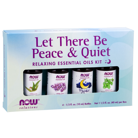 NOW Foods Essential Oil Kit Let There Be Peace & Quiet Oils Kit After a full day of work, errands, social engagements, kids, or whatever fills up your day, it’s not always easy to wind down. If only it could be as easy as flipping a switch. Actually, it’s almost that easy with soothing and relaxing aromatherapy oils from NOW® Solutions.