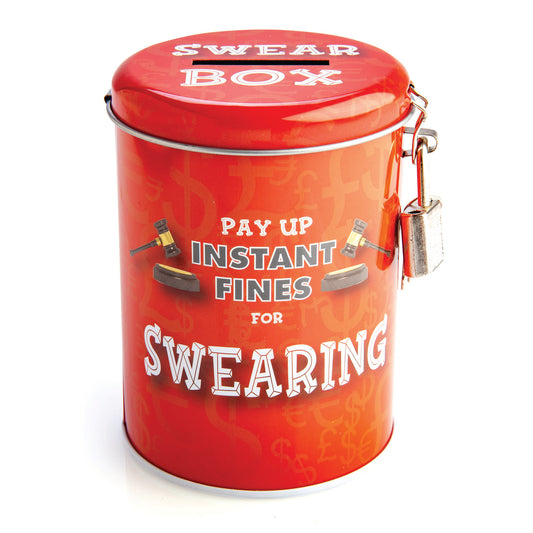 Swearing Fines Money Tin
DESCRIPTION
Tin with padlock to discourage dipping into savings
Has a list of “fine-able offences” and what they’ll cost
New take on the traditional “Swear Jar”

Be punished for your sins in a contemporary way with this new take on the traditional ‘Swear Jar’. Featuring a list of fine-able offences, no obscene phrase will be taken lightly when ruling final judgement – this little tin is sure to fill up in no time!1st Stop, Marshall's Health Shop, Gift Shop! 