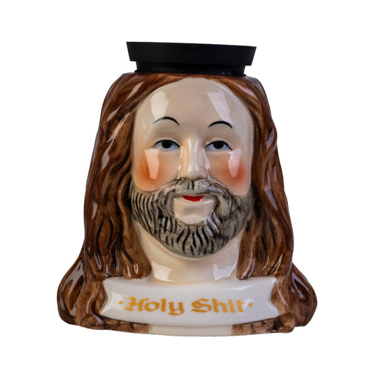 Ceramic head with long hair and beard, wearing a black hat, and displaying the text 'Holy Shit' on a white background.