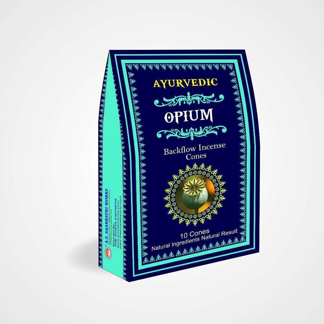 Packaging of Ayurvedic Opium Backflow Incense Cones on a white background