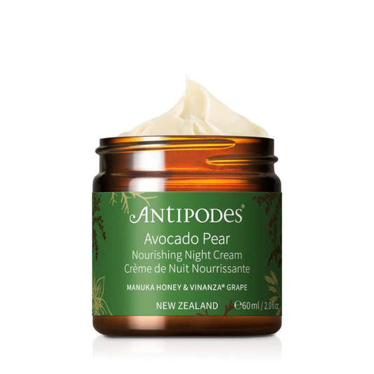 Antipodes Avocado Pear Nourishing Night Cream 60ml 1st Stop, Marshall's Health Shop!  Collagen-boosting avocado oil combines with Vinanza® Grape, an antioxidant-rich extract from Marlborough sauvignon blanc grape seeds, to nurture skin that looks and feels more youthful. Native New Zealand manuka honey draws moisture to your skin to help reveal an ageless visage.