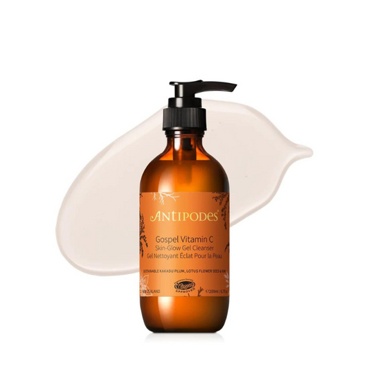 Antipodes Gospel Vitamin C Skin-Glow Gel Cleanser 200ml 1st Stop, Marshall's Health Shop!  Kakadu plum, with 100 times the vitamin C of oranges, joins antioxidant compound Vinanza® Grape & Kiwi to offer brighter, healthier-looking skin, lotus flower, olive squalane oil and essential fats from New Zealand meadowfoam luxuriously soften skin and replenish the skin’s essential lipid barrier.