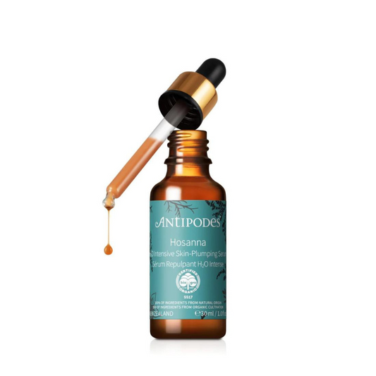 Antipodes Hosanna H₂O Intensive Skin-Plumping Serum 30ml 1st Stop, Marshall's Health Shop!  Lightweight and fast absorbing, this super serum quenches thirsty skin, while boosting collagen and improving radiance. Revolutionary antioxidant Vinanza® Grape from New Zealand sauvignon blanc grapes offers protection against environmental aggressors and pollutants. Mamaku black fern promotes skin renewal, making this serum an everyday essential.