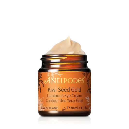 Antipodes Kiwi Seed Gold Luminous Eye Cream 30ml 1st Stop, Marshall's Health Shop!  Nutrient-rich oil from the seeds of New Zealand-grown kiwi fruit, rich in vitamin C, bestows soothing moisture and softens fine lines. Revolutionary antioxidant Vinanza® Grape & Kiwi helps to brighten and lighten the under-eye area.