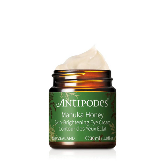 Antipodes Manuka Honey Skin-Brightening Eye Cream 30ml 1st Stop, Marshall's Health Shop!  This rejuvenating eye cream blends pure New Zealand manuka honey with Persian silk flower and the revolutionary antioxidant Vinanza® Grape & Kiwi to fight the signs of premature ageing and improve the appearance of dark circles.