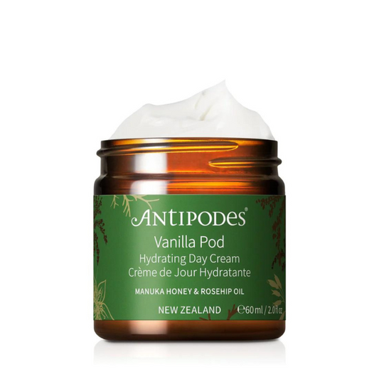 Antipodes Vanilla Pod Hydrating Day Cream 60ml 1st Stop, Marshall's Health Shop!  Light on skin yet rich in hydration. Pure manuka honey and rosehip oil unite to soften, smooth, and moisturise dry complexions. Revolutionary antioxidant Vinanza® Grape, from sauvignon blanc grape seeds sustainably cultivated on New Zealand vineyards, keeps your skin healthy and energized.