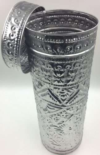 Silver embossed container with lid on a white background