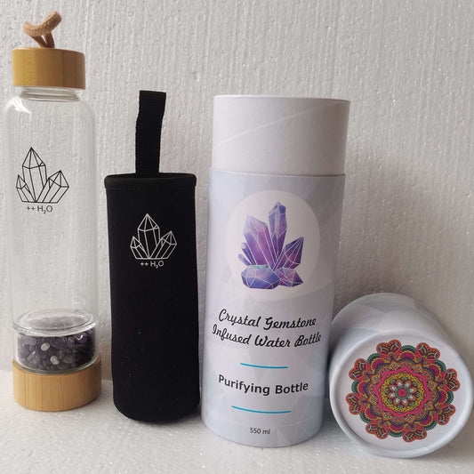 Collection of crystal-themed water bottles and containers on a light background