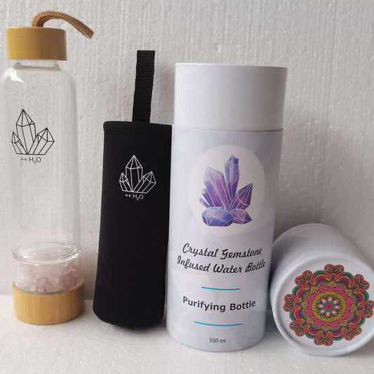 Collection of crystal-themed water bottles with various designs on a light background