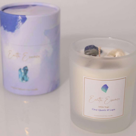 Crystal Soy Wax Candle White Sage, Clear Quartz and Lapis  Comes with White Sage, Clear Quartz and Lapis Natural Soy Wax.  40 hours burn time. 8×9.3cm with 200g wax.  SKU: CA9
