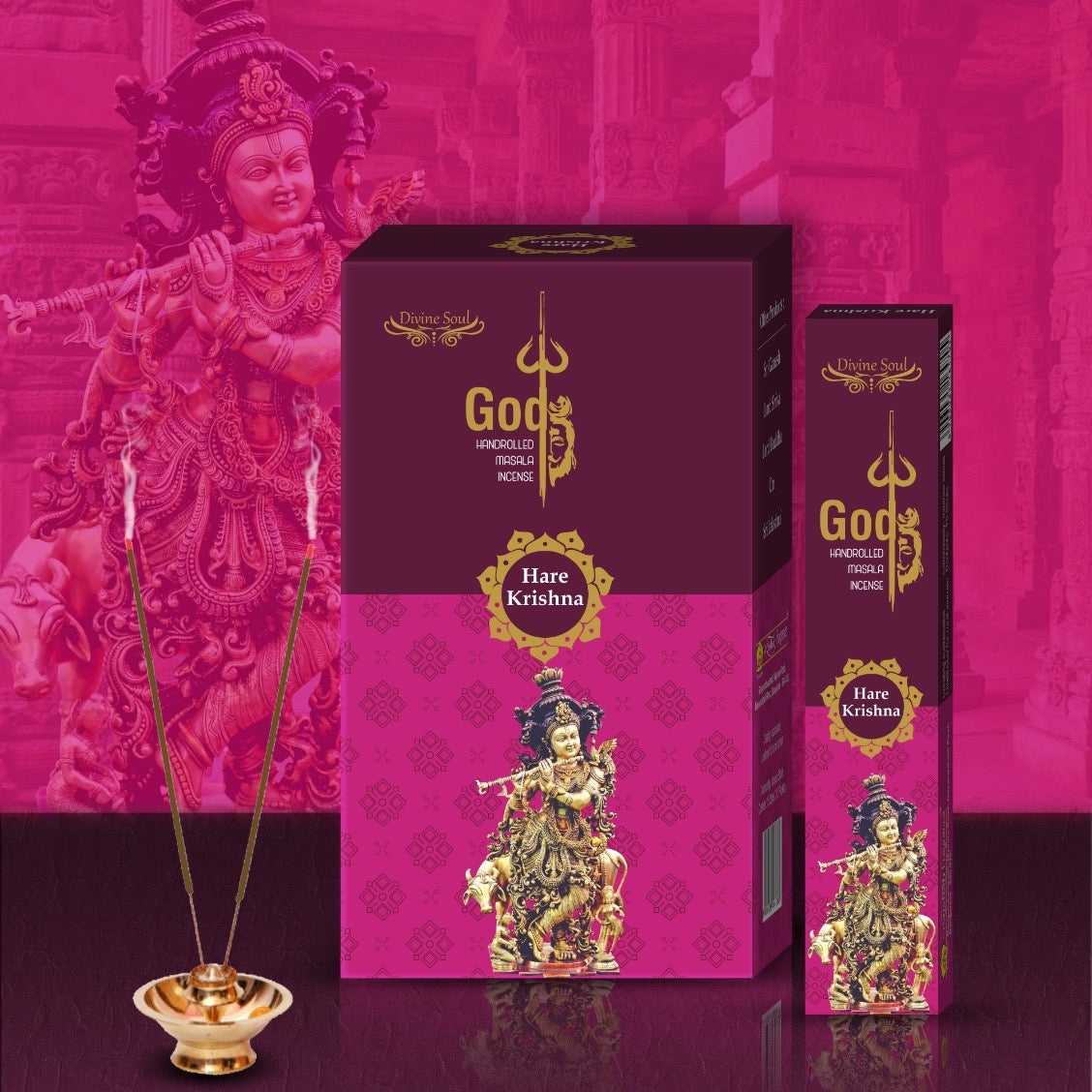 Hare Krishna incense packaging with a pink background