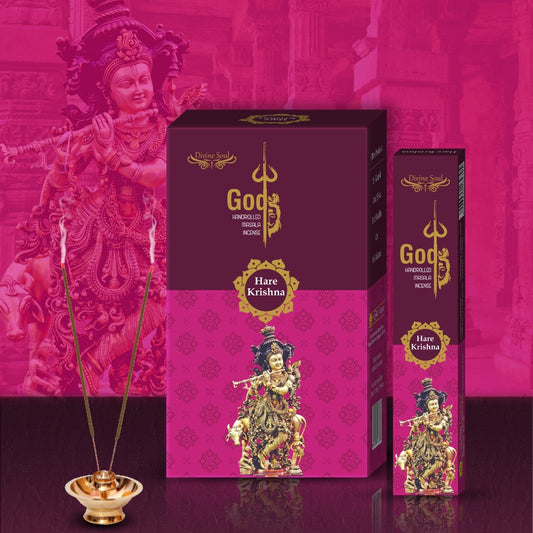 Hare Krishna incense packaging with a pink background