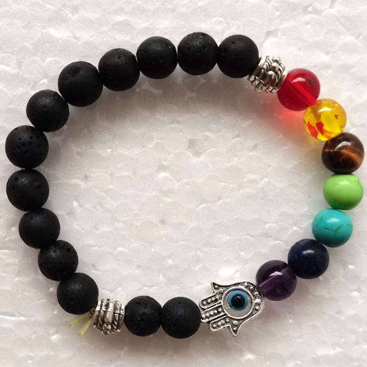 Black beaded bracelet with colorful beads and a Hamsa hand charm on a white background