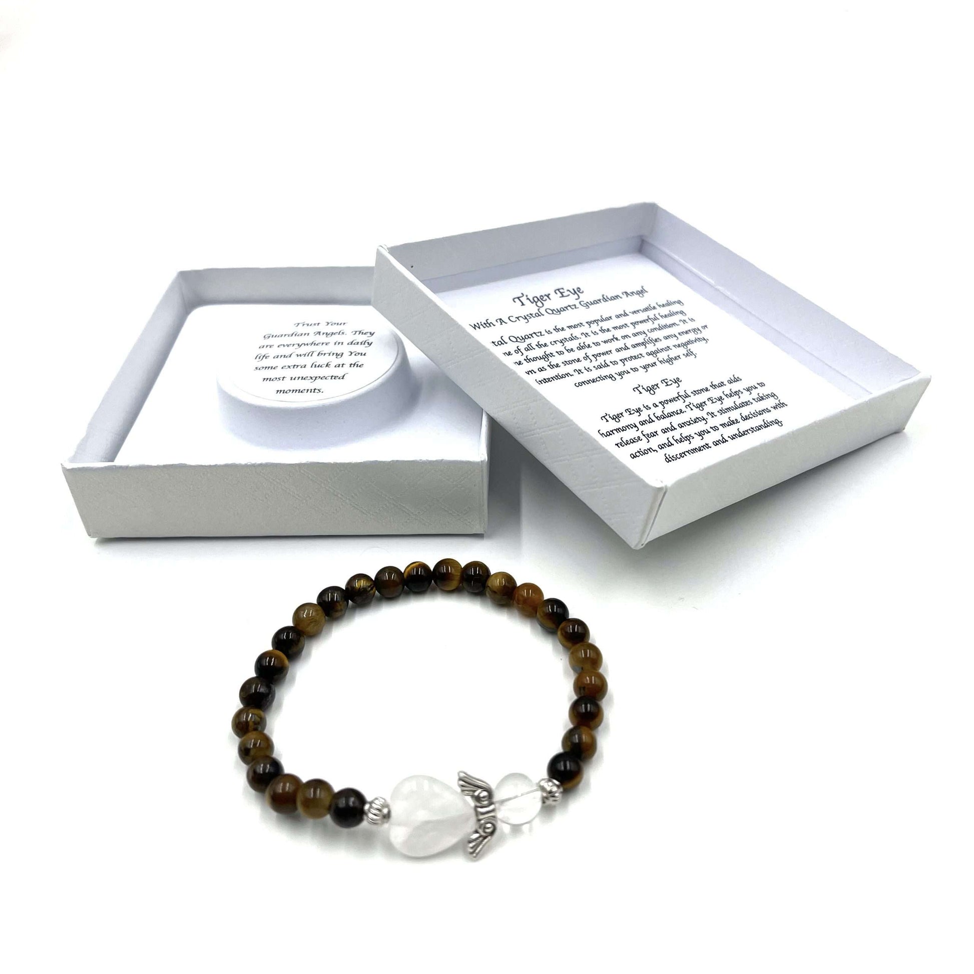 Beaded bracelet with a white stone charm on a white background, featuring a gift box with text.