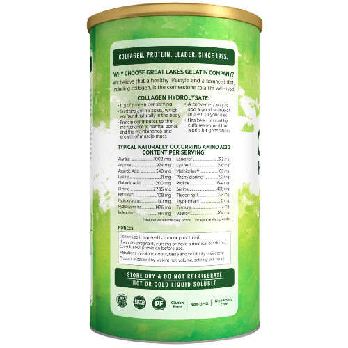 Great Lakes Gelatin Co., Collagen Hydrolysate 454g 1st Stop, Marshall's Health Shop!  Gelatin is the purified protein derived by the selective hydrolysis of collagen from the skin, the connective tissue and/or bones of animals. Great Lakes Gelatin provides the highest type of pure unflavoured edible gelatins.