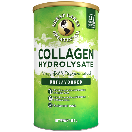 Great Lakes Gelatin Co., Collagen Hydrolysate 454g 1st Stop, Marshall's Health Shop!  Gelatin is the purified protein derived by the selective hydrolysis of collagen from the skin, the connective tissue and/or bones of animals. Great Lakes Gelatin provides the highest type of pure unflavoured edible gelatins.