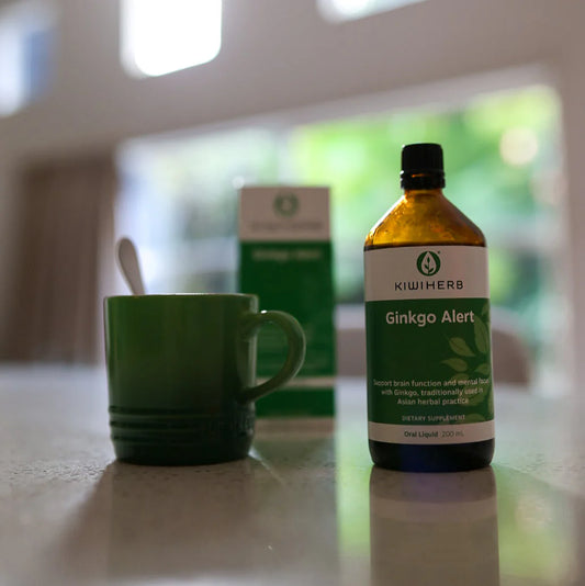 Bottle of KiwiHerb Ginkgo Alert on a table with a green mug and box in the background.