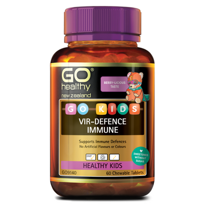 GO KIDS VIR-DEFENCE IMMUNE is a great tasting berry-licious chewable tablet, designed specifically to support children’s immune health. GO Kids Vir-Defence Immune contains a combination of Vitamin C, D; Zinc, Echinacea and Elderberry to help support a healthy immune system and the body’s natural immune defences.