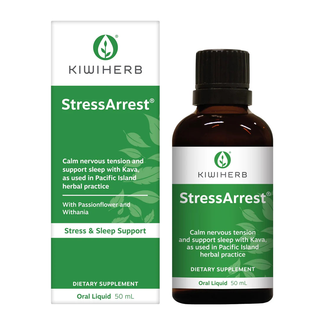 KiwiHerb StressArrest dietary supplement bottle and packaging on a white background