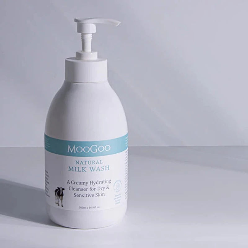 MooGoo Milk Wash Our Milk Wash is one of our most popular products. We combine small amounts of 5 different natural cleaners as this can be gentler on skin than one concentrated cleanser. We chose natural cleansers that wash well without drying out the skin. The foaming action isn’t quite as intense as it would if we used a synthetic detergent like SLS (or other common culprits that end in –fate),