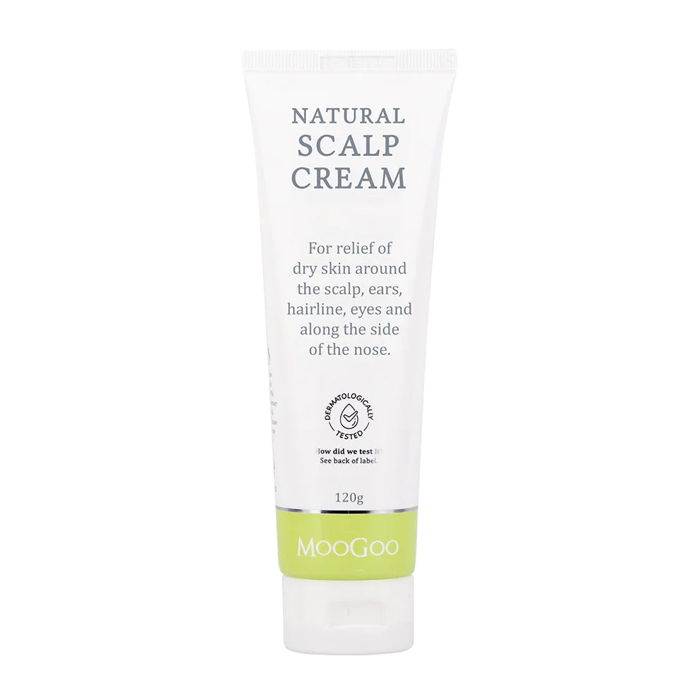 MooGoo Scalp Cream 120g Many people, including babies, are troubled by skin that becomes red, dry and sometimes itchy around the scalp, hairline, neck, ears, eye areas, and along the side of the nose and mouth. These are oily areas of the skin and sometimes cause irritation. This moisturising cream helps return the skin to a healthy condition. Like all of our creams it can be used anywhere on the body and doubles a lovely overall moisturiser. 