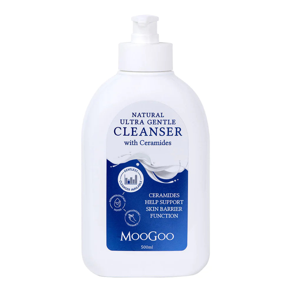 MooGoo Ultra Gentle Cleanser with Ceramides 500ml 1st Stop, Marshall's Health Shop!  The lowest-irritation cleanser available for people with extremely sensitive skin Our primary cleanser is the gentlest available anywhere