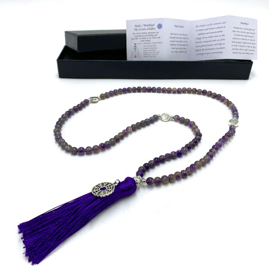 Amethyst Mala Beads with Crown Chakra Charm Beads