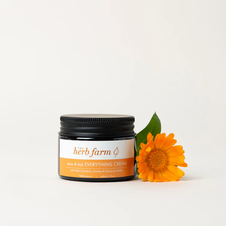 The Herb Farm Mum &amp; Bub Everything Cream

Our Mum &amp; Bub Everything Cream contains a powerful synergy of natural oils and extracts that make this a highly effective cream for the whole family.

Our Calendula Extract provides antibacterial support to help with irritated, stressed or dry skin, cracked nipples, nappy rash, cradle cap and nearly all skin irritations that can occur with little ones.

Our Calendula Oil nourishes, heals and protects sensitive skin and accelerates skin cell repair.

Flaxseed