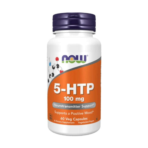 NOW 5-HTP 100mg 60 Veg Caps What is what is 5-HTP?  5-HTP, the intermediate metabolite between the amino acid L-tryptophan and serotonin, is extracted from the seed of an African plant (Griffonia simplicifolia). This dietary supplement is typically used as a sleep supplement and supports a positive mood and relaxation. Natural colour variation may occur in this product.