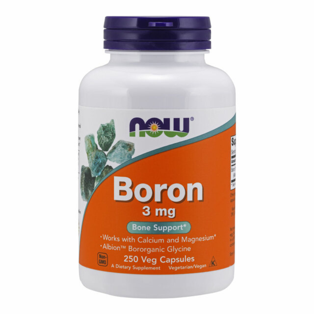 NOW Foods Boron 3mg 250 Caps What is Boron?  Boron is a biologically active trace mineral that affects calcium, magnesium, and phosphorus metabolism.  Boron is known to support bone strength and structure.  Boron is essential to plant growth and in turn finds its way into the human diet. Boron is present in plant foods such as fruits (especially plums, grapes, and avocados), vegetables, nuts, and legumes.