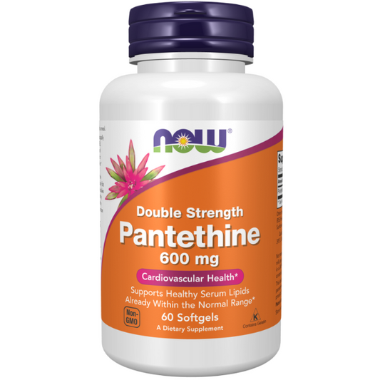 NOW Foods Pantethine 600mg 60 Softgels 1st Stop, Marshall's Health Shop!  Pantethine is a highly absorbable and biologically active form of Pantothenic Acid (Vitamin B-5). The metabolic activity of Pantethine is due to its role in the formation of Coenzyme A (CoA), an essential cofactor for lipid, carbohydrate, and protein metabolism