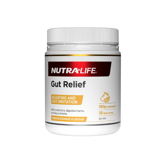Nutralife Gut Relief Powder Orange/Mango 180g 1st Stop, Marshall's Health Shop!  Gut Relief is a great tasting formula that combines the power of prebiotics with key nutrients and plant extracts – slippery elm, marshmallow, aloe vera – to help:
