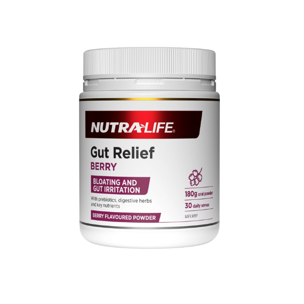 Nutralife Gut Relief Powder Berry 180g 1st Stop, Marshall's Health Shop!  Gut Relief is a great tasting formula that combines the power of prebiotics with key nutrients and plant extracts – slippery elm, marshmallow, aloe vera – to help: