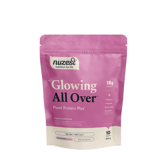 Nuzest Protein Plus Glow All Over Strawberry 250g
A plant-based beauty blend designed to support healthy hair, skin, nails and collagen. Glowing All Over combines vitamins, minerals, and protein with antioxidant-rich berries, and Dermaval™ to help protect the body’s natural collagen against age-related decline. Clean, vegan and naturally delicious, it’s a simple way to get your glow back.
18g Plant Protein
1st Stop, Marshall's Health Shop!