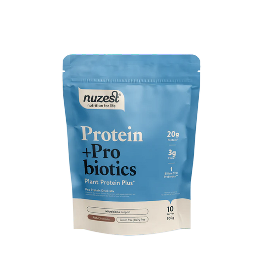 Nuzest Protein + Probiotics Rich Chocolate 300g
A plant protein drink mix made to help support your gut. With 20g golden pea protein per serve, shelf-stable probiotics, and prebiotic fibre, Protein + Probiotics helps nourish the microbiome, while supporting the function and integrity of the digestive system. It’s vegan, hypoallergenic, and easy to mix into shakes, smoothies or baking.

1st Stop, Marshall's Health Shop!