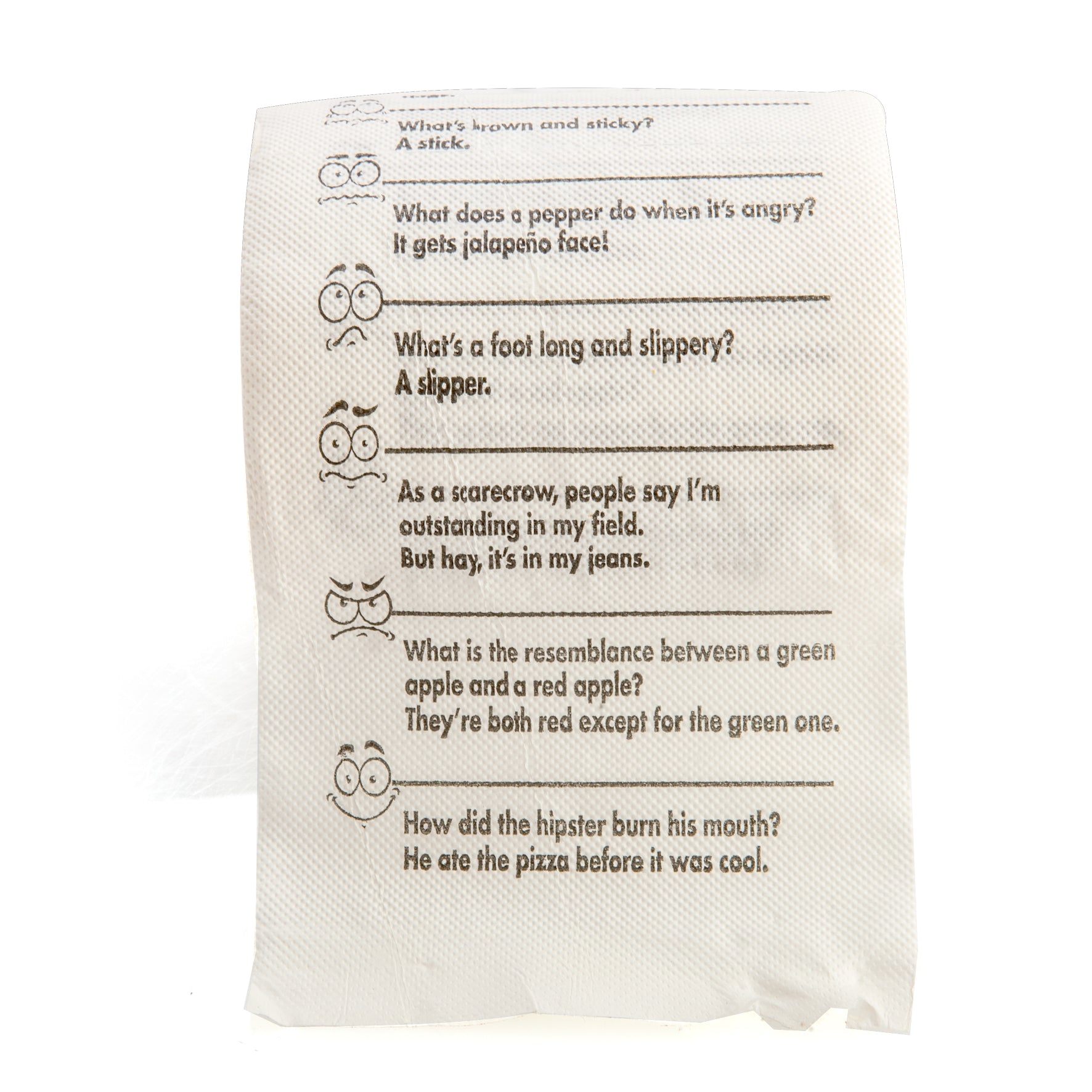 Crap Jokes Toilet Paper
Enjoy some toilet humour while on the toilet!
Toilet paper printed with crap jokes to help pass the time
Excellent novelty gift that is sure to make anyone chuckle

SPECIFICATION

100(L) x 100(W) x 100(H) mm

1st Stop, Marshall's Health Shop, Gift Shop!

SKU: PC-TP/CJ