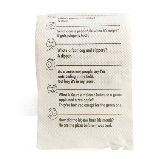 Crap Jokes Toilet Paper
Enjoy some toilet humour while on the toilet!
Toilet paper printed with crap jokes to help pass the time
Excellent novelty gift that is sure to make anyone chuckle

SPECIFICATION

100(L) x 100(W) x 100(H) mm

1st Stop, Marshall's Health Shop, Gift Shop!

SKU: PC-TP/CJ