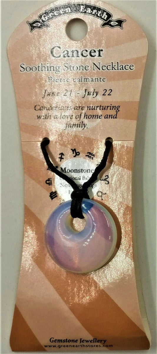 Necklace on a 'Green Earth' branded card with text about the Cancer zodiac.