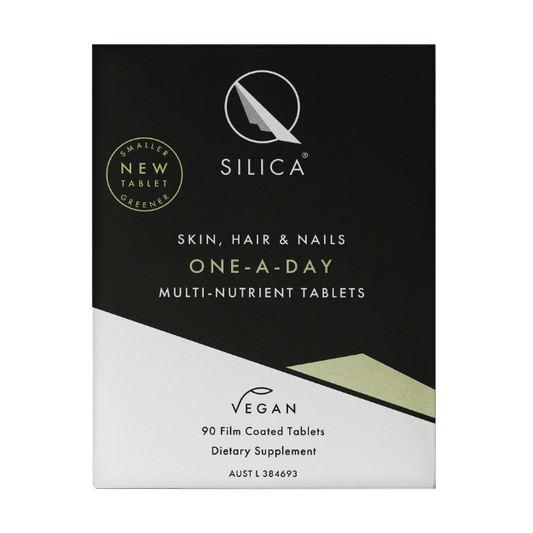 Qsilica One-A-Day Silica Hair Skin Nail 90 tabs Qsilica Skin, Hair & Nails One-A-Day multi-nutrient tablets contains colloidal silica, biotin, zinc and selenium in a convenient once daily supplement.  Formulated to nourish from within, Qsilica capsules may support skin health. 