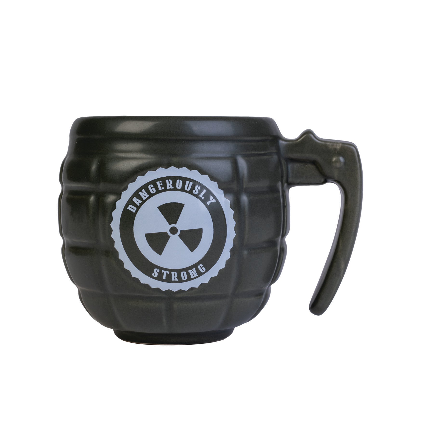 Black grenade-shaped mug with 'Dangerously Strong' logo on a white background