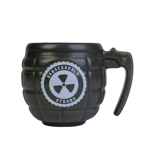 Black grenade-shaped mug with 'Dangerously Strong' logo on a white background