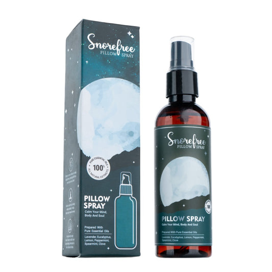 Snorefree pillow spray bottle and packaging on a white background